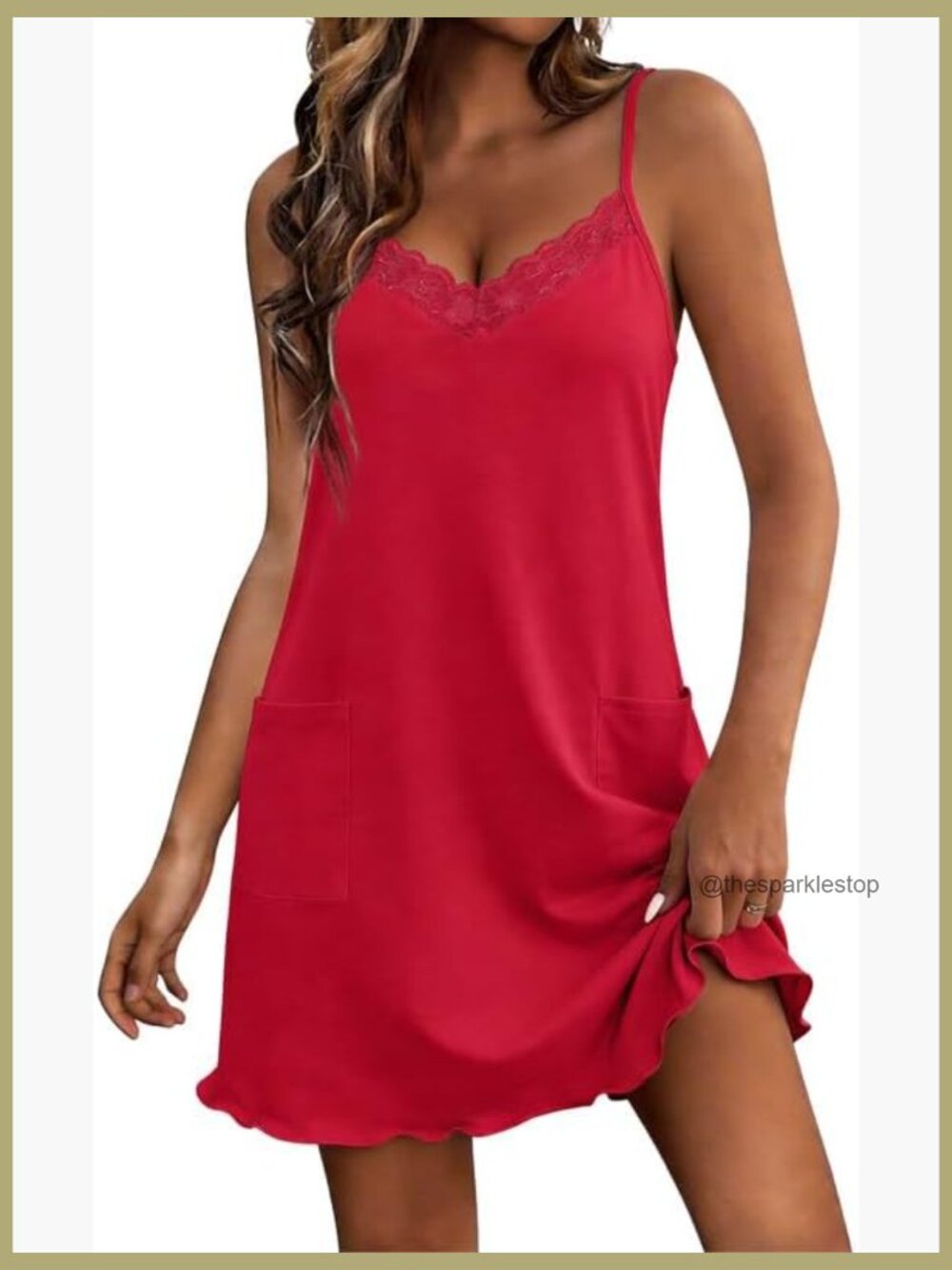 Cotton Nightgown with Lace and Pockets Sleeveless Chemise